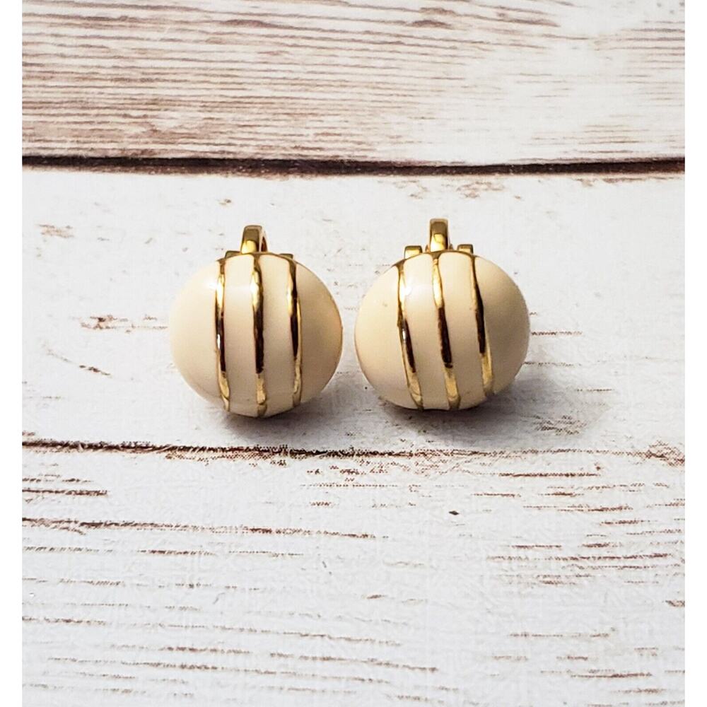 Vintage Clip On Earrings - Dainty Cream with Gold Tone Lines